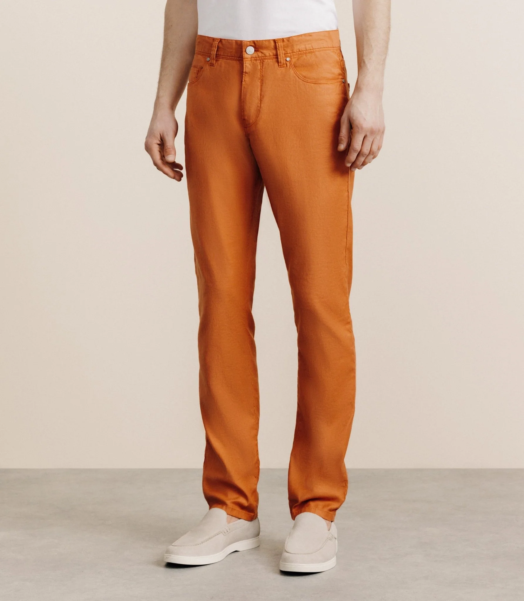 Pantalon droit en lin et coton orange