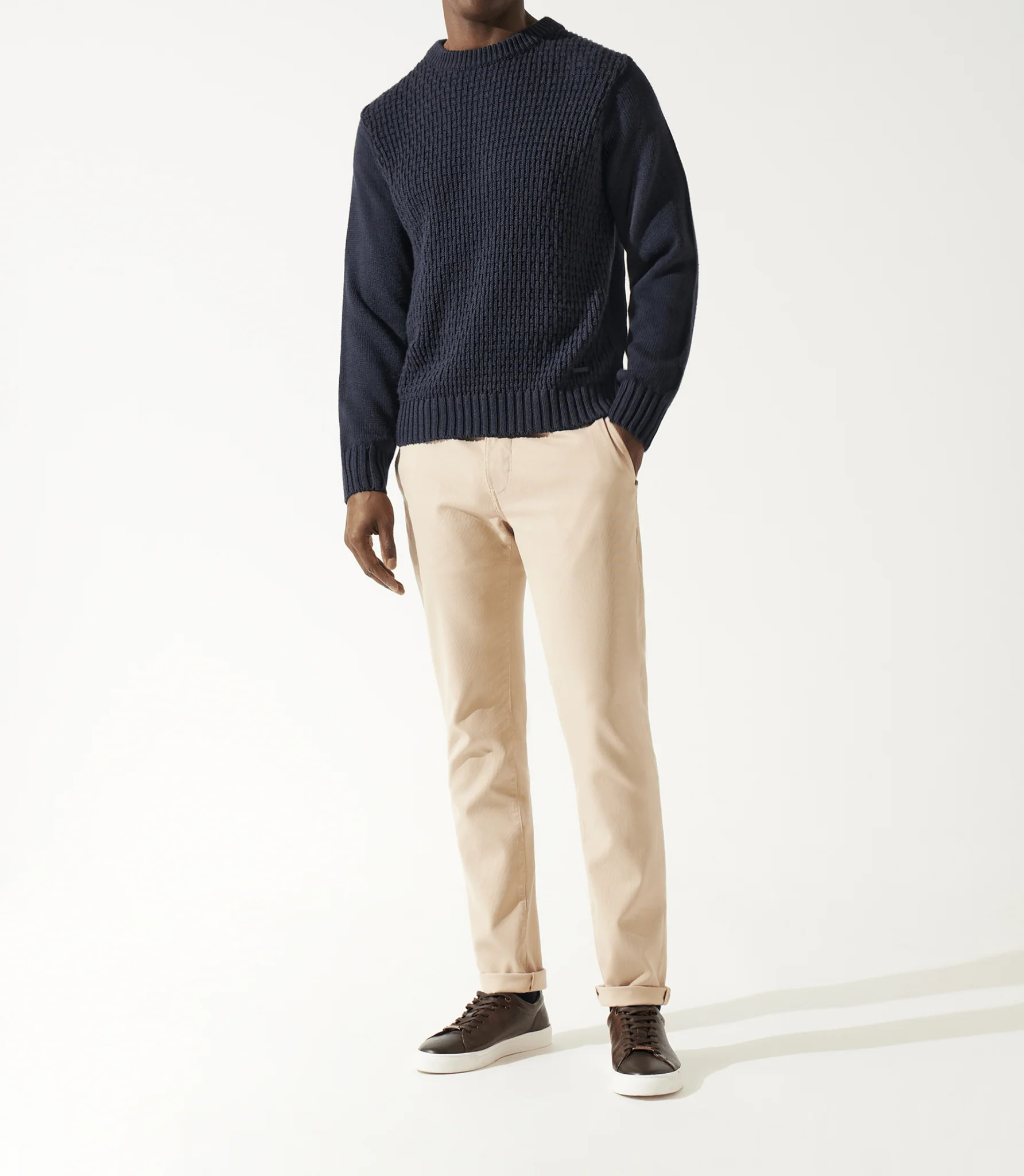 Pull col rond rayé marine